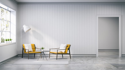 scandinavian style , interior design,light yellow armchair with lamp on white wall and concrete flooring , 3d render