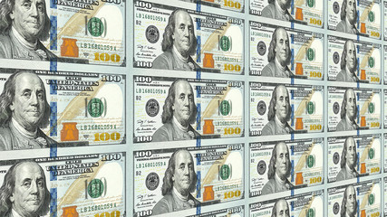 Sheet of new one hundred 100 dollar bills moving away to distance 3d perspective