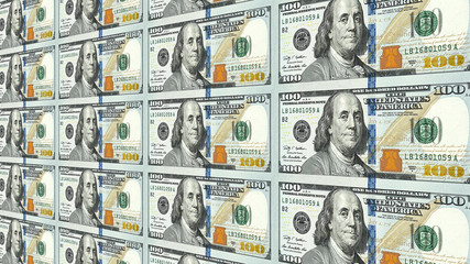 Sheet of new one hundred 100 dollar bills moving away to distance 3d perspective