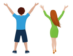 Boy and girl from the back. Rear view of young couple. Backside view of person. Isolated vector illustration of cartoon characters with raised hands on white background.