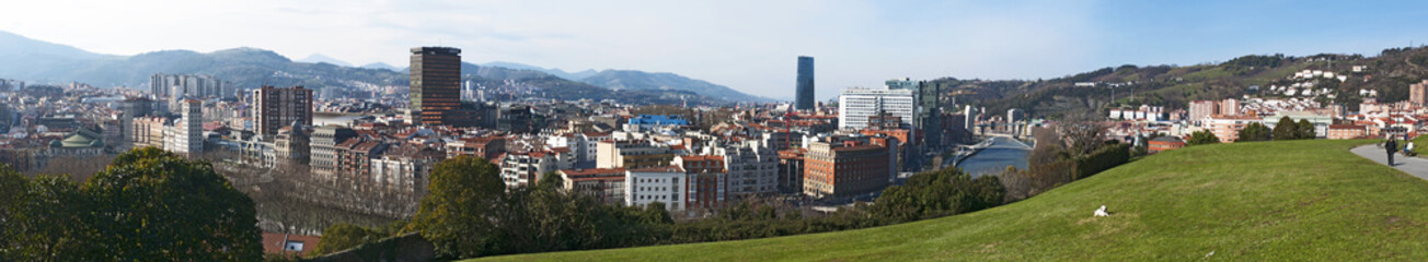 Fototapeta na wymiar Paesi Baschi, Spagna, 25/01/2017: lo skyline di Bilbao e sul fiume Nervion visti dal Parco Etxebarria 