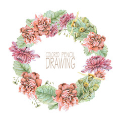 Round frame with beautiful spring flowers and plants drawn by hand with colored pencils. Pencil drawing. Place for text. Can be used as postcard, illustration