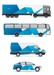 Mockup vehicles for advertising and corporate identity. Branding design for transport. Passenger car, bus and van. Graphics elements with paper banner in origami style.