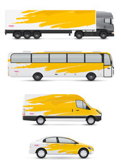 Mockup vehicles for advertising and corporate identity. Branding design for transport. Passenger car, bus and van. Graphics elements with abstract artistic watercolor brush strokes.