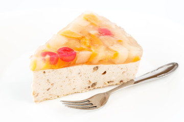 Delicious parfait cake with fruits and jelly icing