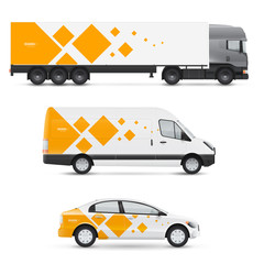 Set of design templates for transport. Mockup of passenger car, bus and van. Branding for advertising and corporate identity. Graphics elements.