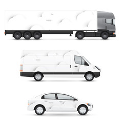 Set of design templates for transport. Mockup of passenger car, bus and van. Branding for advertising and corporate identity. Graphics elements.