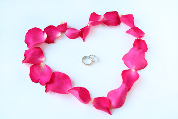 Petals of rose flower in heart shape with couple wedding rings isolated on white background.