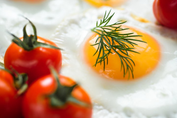 Delicious and healthy breakfast.  Fried egg with cherry tomatoes. ( Sunny side up ).  Selective focus