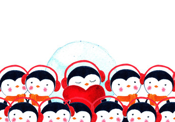 Crowd of penguins. Watercolor illustration