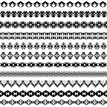Vector set of geometric black borders in ethnic style. Collection of pattern brushes inside
