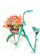 Bicycle with flowers in basket , watercolor painting
