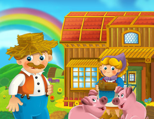 Naklejka premium Cartoon scene of man and woman working on the farm - illustration for children