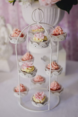 Obraz na płótnie Canvas Candy bar. Dessert table for a party. Ombre cake, cupcakes, sweetness. 