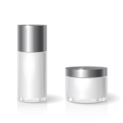 White blank glass cosmetics jar with black lid for cream, butter, skin care. Realistic bottle design packaging template. Vector illustration