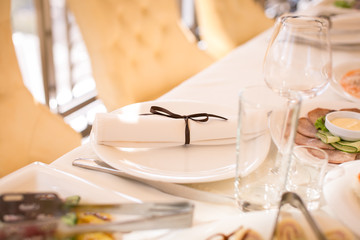 Close up picture of empty glasses in restaurant. Selective focus.