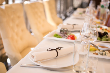 Close up picture of empty glasses in restaurant. Selective focus.