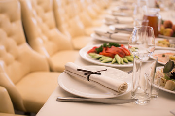 Close up picture of empty glasses in restaurant. Selective focus.