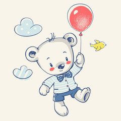Obraz premium Cute little bear flying on a balloon cartoon hand drawn vector illustration. Can be used for baby t-shirt print, fashion print design, kids wear, baby shower celebration greeting and invitation card.