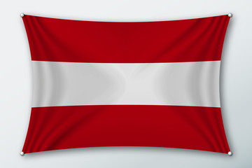 Austria national flag. Symbol of the country on a stretched fabric with waves attached with pins. Realistic vector illustration.