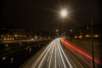 Fototapeta na wymiar Night traffic in Stockholm. Sweden. 05.11.2015