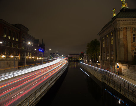 Night traffic in Stockholm. Sweden. 05.11.2015