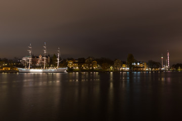 Fototapeta na wymiar View from the promenade on a sailboat in Stockholm. Sweden. 05.11.2015