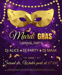 Fototapeta na wymiar Gold triangle pattern glitter mask for Mardi Gras Tuesday carniv