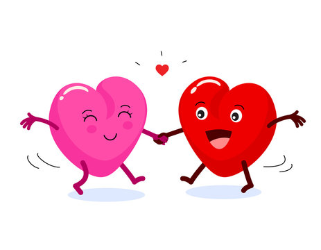 Two happy heart character in love. Cute couple dancing together. Happy Valentine's day, vector illustration isolated on white background