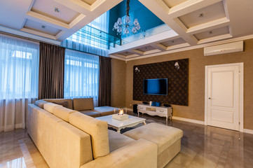 Hi-tech house. Living room with twilight