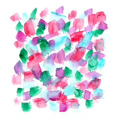 Cluster of pink, purple, emerald green and turquoise blue brush strokes and stains painted in watercolor on clean white background