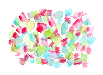 Cluster of bright green, pink and turquoise blue brush strokes and blots painted in watercolor on clean white background