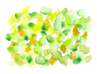 Cluster of abstract green and yellow brush strokes and blots painted in watercolor on clean white background