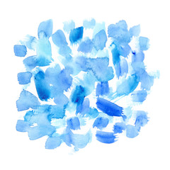Cluster of abstract blue brush strokes and blots painted in watercolor on clean white background