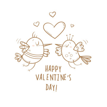 Card by Valentine's Day. Couple in love. Cute cartoon birds. Funny animals. Vector contour  image no fill. Symbol of heart.
