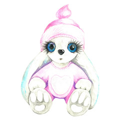 Cute bunny with big eyes painted in watercolor on paper. Easter