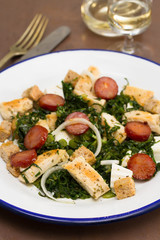 salad with grilled chicken and smoked sausage on plate