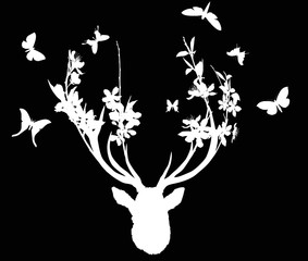 deer white head with blossoming branches between antlers