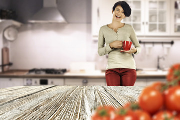 wooden desk and woman in kitchen 