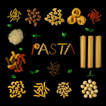 Italian food concept and menu design. Different kind of Pasta Fa