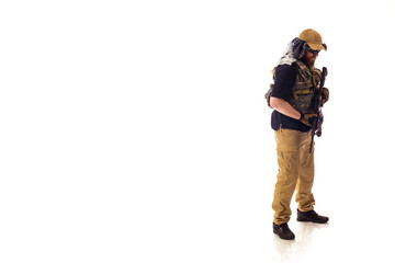 man in military outfit of the CIA, which is similar to the clothing of a warrior Mujahedin, in...