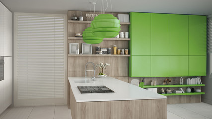 Fototapeta na wymiar Minimalistic white kitchen with wooden and green details, minima