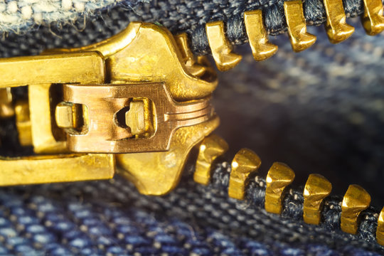 Blue Jeans, Gold Zipper Fly, Macro Image.