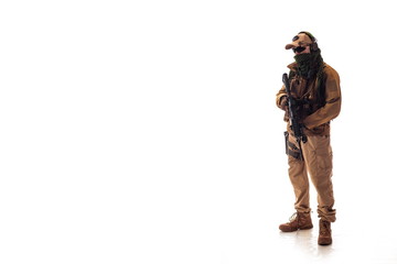 portrait of a man military outfit a mercenary soldier in modern times on a white background in...