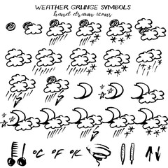 Set of weather icons in hand drawn technique and grunge style isolated on white. Vector illustration