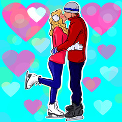 Влюбленная пара целуются стоя на коньках на фоне сердечек