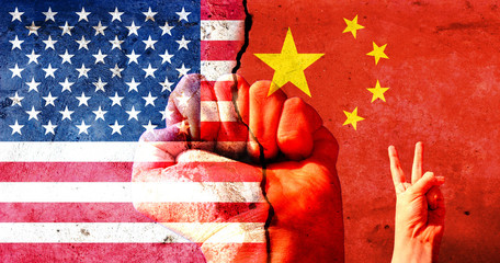 A large crack in the wall. USA flag. China's flag. V.3