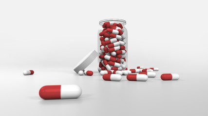3D rendering of glass bottle with white and red pills inside and more pills spread in the floor.