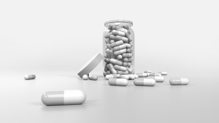 3D rendering of glass bottle with white and white pills inside and more pills spread in the floor.