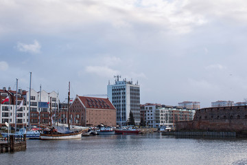 Fototapeta premium View of the marina in Gdansk on the Motlawa river with small ships in the city center. Poland.